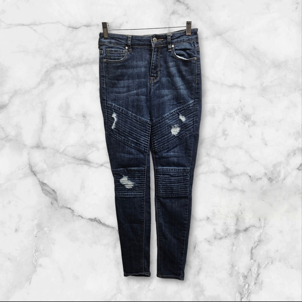 Kendall & Kylie Distressed Skinny Moto Jeans Medium Wash Stretchy Mid Rise Sz 24